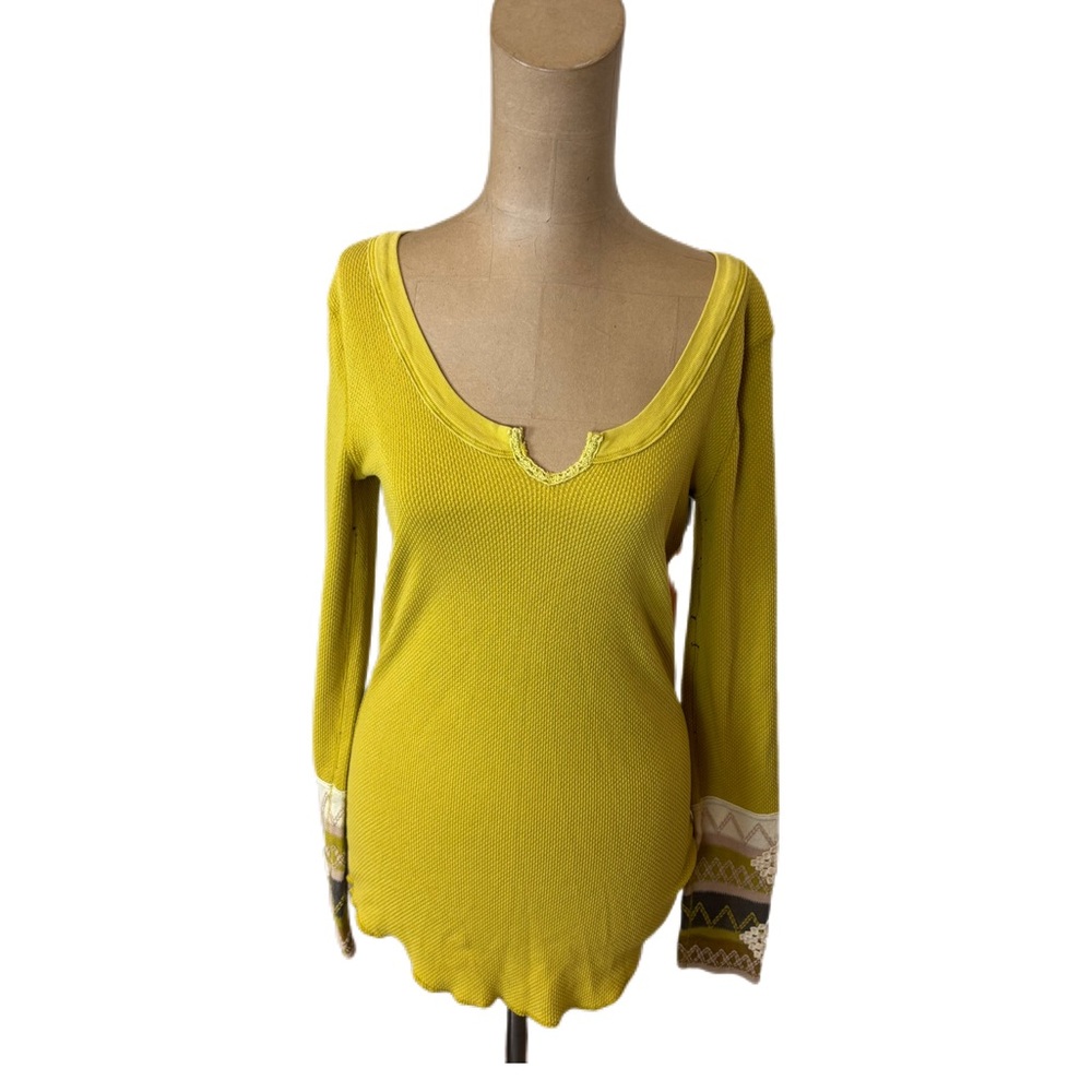 Free People Olive Green Notch-Neck Thermal Top with Patterned Cuffs